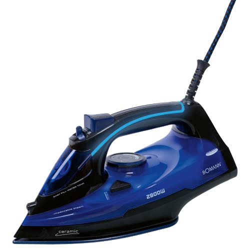 Bomann DB 6038 CB - Plancha de vapor automática (2800 W máx., 7 funciones, mango de iluminación LED, suela de cerámica 3D, negro/azul)