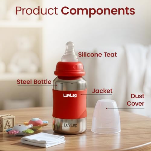 Image of LuvLap Baby Steel Feeding Bottle 140ml, Made of SS304 Rust Free Steel, Baby Milk /Water Bottle with Dust Cover, Heat Protective Silicone Cover, BPA Free, Odour Free, Leak Proof, Red, 0M+