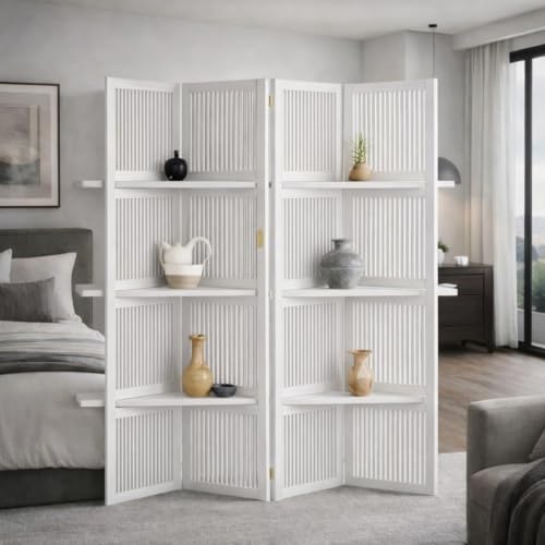 Image of Wooden Partition Divider for Living Room, Partition Wall, Privacy Divider, Freestanding Folding Panels (6 feet 4 Panel with Shelve) (6 Feet 4 Panel with 3 Shelve)