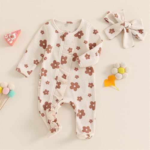 Newborn Baby Girl Clothes Fall Winter Long Sleeve Footie Romper Waffle Ruffle Zipper Jumpsuit Coming Home Outfit2