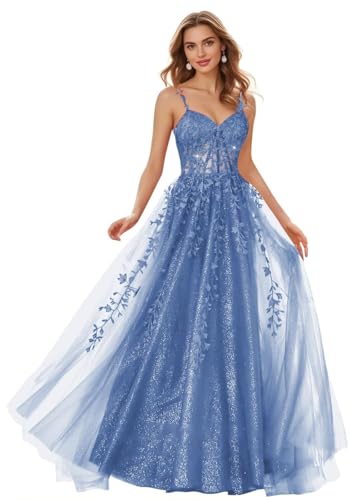 JAEDEN Damen Glitzer Ballkleider Spaghettiträger Abiballkleider Tüll Lang Abschlusskleid Partykleider Staubiges Blau 36