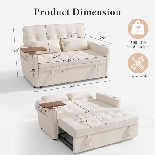 Image of Dreamzie 54'' Convertible Sleeper Sofa Bed with Swivel Side Table, Chenille Pull Out Couch for Living Room, Loveseat Sleeper Couch with Side Pocket | Charging Port | Cup Holder, Beige