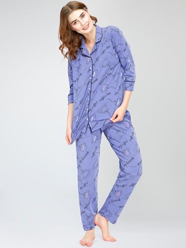 Image of ZEYO Night Suit for Women's Cup & Saucer Printed Cotton Night Dress of Shirt and Pajama Set 5757