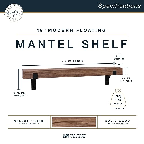 Image of Master & Co. Modern Floating Fireplace Mantel with Black Metal Brackets, Long Floating Shelves for Wall Decor, 48 inches, Walnut Woodgrain