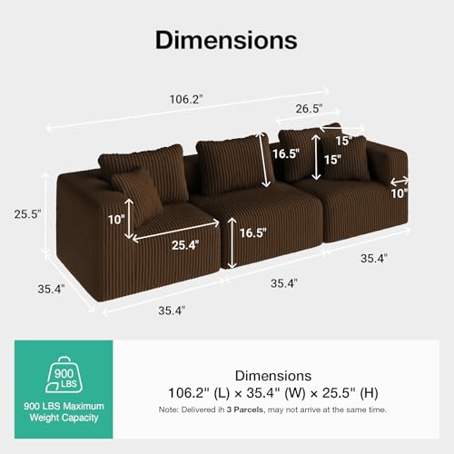 Image of Novilla 106 inch Modular Sectional Sofa, Deep Seat Modern Cloud Sectional Couch with Smarts Coil Support, Boneless Sectional Couch for Living Room Apartment, No Assembly Required, Brown