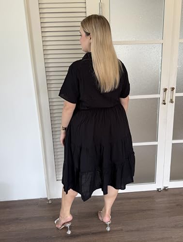 Image of CARCOS Plus Size Dresses for Curvy Women Collared Vneck Short Sleeve Dresses Midi Summer Ruffle Dress with Pocket XL-5XL