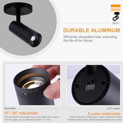 Image of Zoomable Ceiling Spot Light Indoor 10W 5CCT Selectable 2700K /3500K /4500K /5500K /6500K Adjustable Ceiling Mount Directional Dimmable Black Spotlight Fixture for Wall Art Pictures