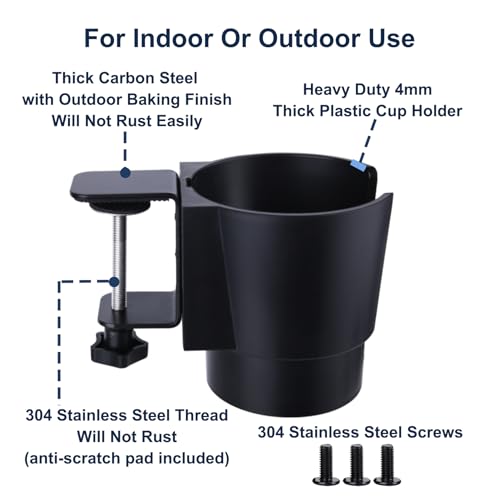 Universal Large Desk Cup Holder Clamp on, Heavy Duty Plastic Drink Holder for Table, Porch Swing, Patio Chair, Clip On Anti-Spill Bottle Holder for Most Cups, Bottles, Cans, Tumbles, Black, Pack of 2
