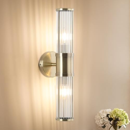 Modern Vanity Light Fixture, Brushed Bronze Wall Sconce with Glass Rod Shades, Double Socket E12 Candelabra Base for Bathroom Mirror Lighting (Bulbs Not Included)