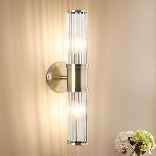 Image of Modern Vanity Light Fixture, Brushed Bronze Wall Sconce with Glass Rod Shades, 2-Light Bathroom Mirror Lighting for Bronze Bathroom Light Fixture & Makeup Application (Bulbs Not Included)