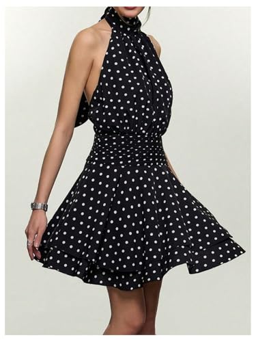 Image of Floerns Women's Summer Mini Dress Sleeveless Halter Backless Ruched Date Night Layered A Line Dresses