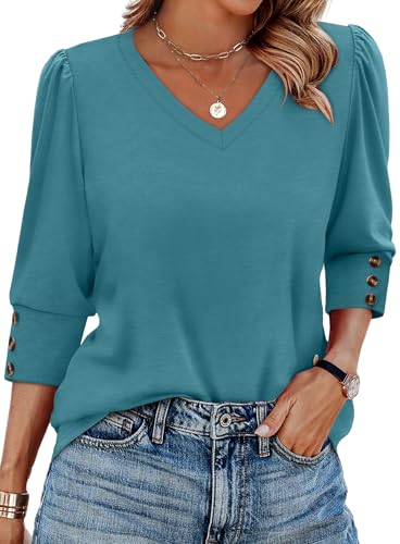 XIEERDUO Fall Fashion Clothing 2026 V Neck 3/4 Length Sleeve Business Work Blouses Dressy Casual Summer Tops for Women Beach Vacation Essentials A-Blue Green L