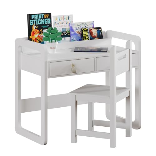 Treocho Kids Desk and Chair Set, Study Desk for Kids with Drawers, Kids Table and Chair Set for 10-12 Years Old, Student Writing Table for School & Study Room, White