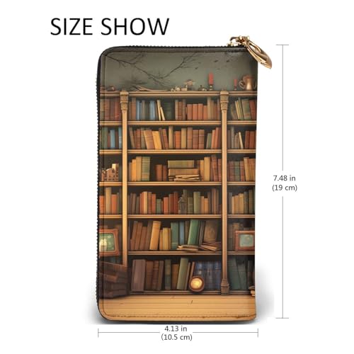 Womens Wallet Leather Slim Wallet Long Card Holder Case Zip Clutch Retro Bookshelf Travel Purse2