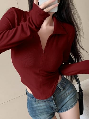 Image of Istyle Can Women's Top Solid Long Sleeve Ribbed Asymmetric Hem Casual T-Shirt with Zipper Collar. Full Sleeve, Rib Knit, Plain, Slim Fit