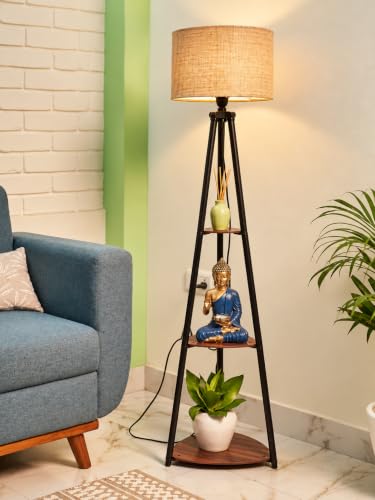 Crosscut Furniture LED Tripod Floor Lamp with 3 Shelves, Brown Jute, Metal Corner Floor Lamp, for Decoration and Gifting,B22 Bulb