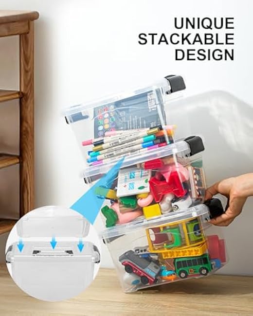 Plastic Storage Bins with Lids 6 Packs, 7 Quart Storage Organizer Bins with Buckle-Up Latches and Handle, Stackable Storage Containers for Home Pantry Office Classroom Organization, Clear