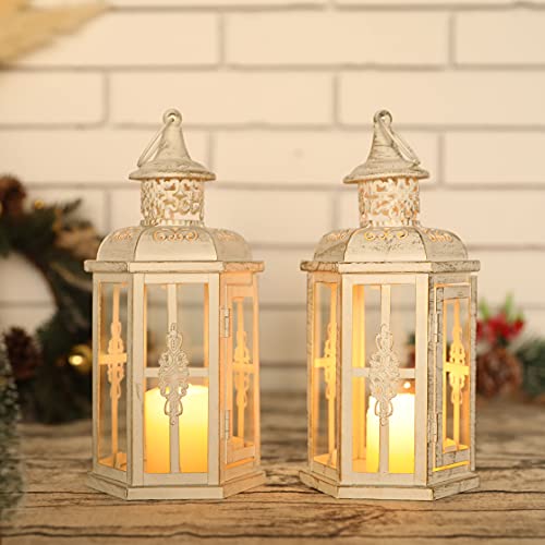 Jhy Design Set Of 2 Decorative Lanterns -10Inch High Vintage Style Hanging Lantern Metal Candleholder White With Gold Brush #TOP1