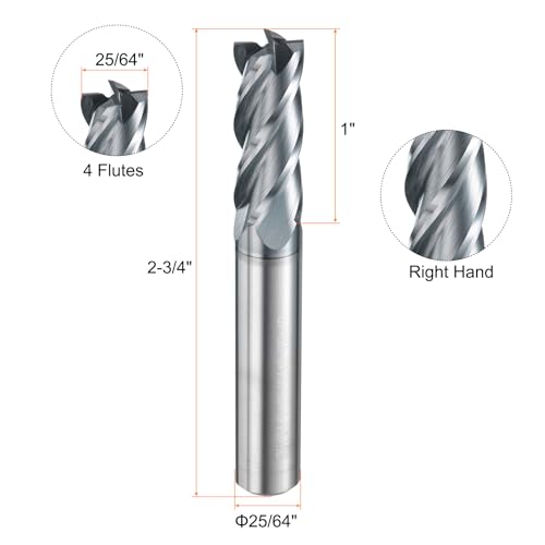 Image of HARFINGTON Carbide Square Nose End Mill Bit 25 /64 inch Cut Dia 4 Flutes TiAlN Coated Milling Cutter for Hardened Steel Metal (25 /64 inch Shank 1 inch Cut Length 2-3 /4 inch Long 30 Degree Helix HRC53-55)