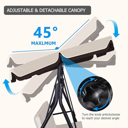 Image of GARTOO 3-Seat Patio Swing Chair, Outdoor Porch Swing with Adjustable Canopy and Durable Steel Frame for Patio, Garden, Poolside (Beige)