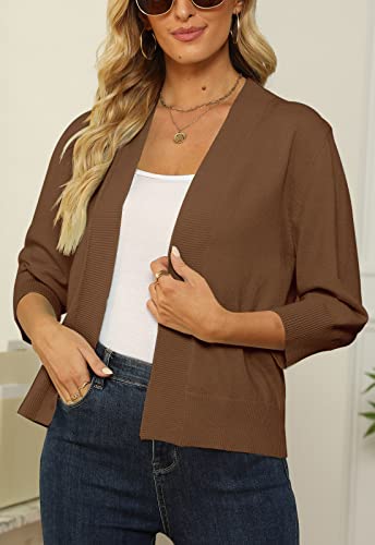 Shermia Women's 3/4 Sleeve Cropped Cardigan Sweater Open Front Short Shrugs Cardigans Lightweight Sweaters Coffee #TOP2