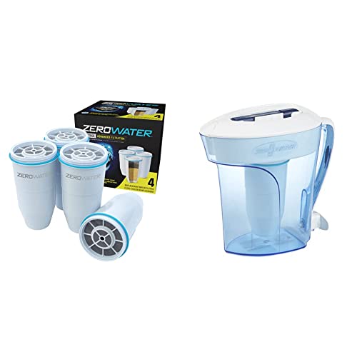 ZeroWater Official Replacement Filter 4-Pack + 10-Cup Ready-Pour 5-Stage Water Filter Pitcher