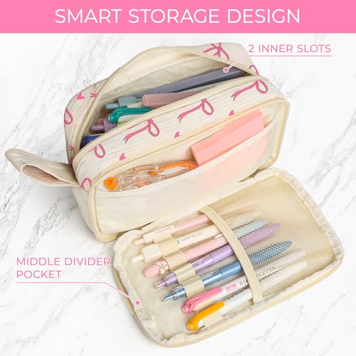 Image of WOBAGMEN Cute Pencil Case,Large Corduroy Zippered Pencil Case Pouch, aesthetic Pencil Bag with Compartments, Pencil Pouch School Supplies (pink bow)