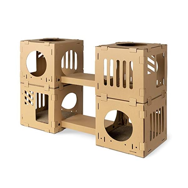 Navaris modular cardboard cat house - diy corrugated cardboard configurable play tower condo for small cats, kittens, rabbits - 4 cubes with 2 bridges