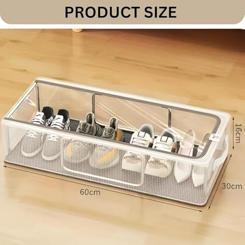 Image of NYALKARAN Shoe Rack Box Organizer Foldable Dustproof Shoe Storage with Stainless Steel Frame, Transparent Window & Zipper Stackable Under Bed Organiser (Transparent, Pack Of 1)