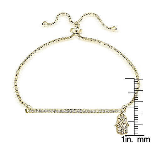 Image of Hoops & Loops Sterling Silver Cubic Zirconia Hamsa & Bar Adjustable Pull String Bracelet