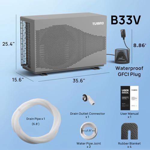 TURBRO 33,000 BTU DC Inverter Swimming Pool Heat Pump, WiFi Control Electric Pool Heater for Above and Inground Pools up to 10,000 Gal, Heating and Cooling, Up to 15.8 COP, 110-120V, Beluga B33V