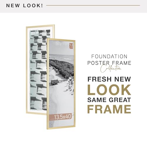 Image of MCS Foundation 13.5x40 Poster Frame Traditional Brass, Vertical & Horizontal Wall Hanging Large Picture Frame for Photos, Panoramics, Posters & Art Prints (1-Pack)