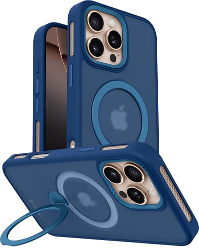 Image of eller sante Maximus Back Cover Case for iPhone 16 Pro max with Magnetic Alloy Ring Metal Kickstand Camera Protector TPU Shockproof 10ft Drop Protection Compatible with Mag-Safe- Blue