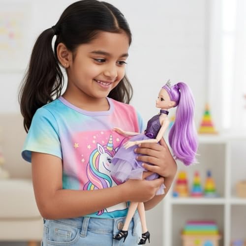 Image of Fashion Princess Doll - Sparkling Purple Hair & Glam Tulle Dress | Movable Hands & Legs | Premium Fashion Girl Doll Gift Set for Kids 3+ Years | Toys for Children