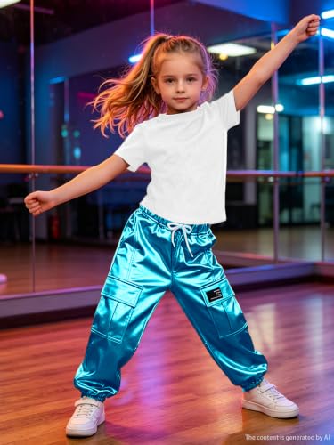 Image of SANGTREE Girls Shiny Hip Hop Outfits,Crop Top Cargo Joggers,13-14Y