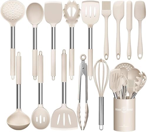 Küchenutensilien-Set, 15-teilig Silikon Küchenhelfer Set, Antihaft Hitzebeständiger Kochutensilien Kochgeschirr mit Utensilienhalter, Edelstahl Griff, Spülmaschinengeeignet (Khaki)