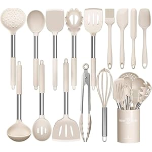Kitchen Utensils Set, 15 Pieces, Silicone, Heat Resistant, Non-Stick, BPA Free, Stainless Steel Handle, Spatula (Khaki)