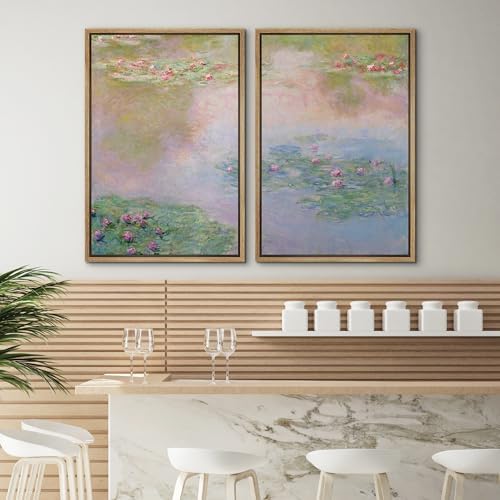 SIGNWIN Framed Canvas Print Wall Art Set Impressionist Water Lily Illustration Modern Art Minimalism Decorative for Living Room, Bedroom, Office - 24"x36"x2 Natural - 3