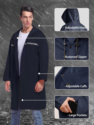 Image of Mens Long Hooded Safety Rain Jacket Waterproof Emergency Raincoat Poncho