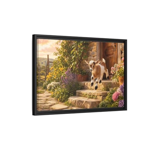 Tableau chèvre rustique au-dessus de la console du salon