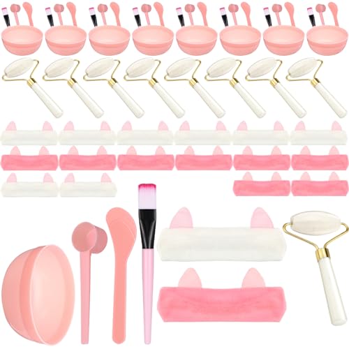 8 Set Spa Party Supplies with 8 Jade Rollers 8 Face Mask Brushes 8 Face Mask Mixing Bowls 8 Headband for Spa Party Favors Sleepover Slumber