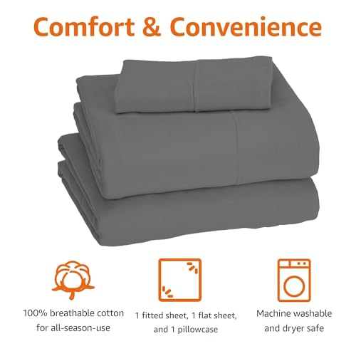 Image of Amazon Basics 3 Piece Bed Sheet Set, 100% Cotton Jersey, Includes Super Soft, Flat and Fitted Sheets, Pillowcase, Toddler, Dark Gray, Solid