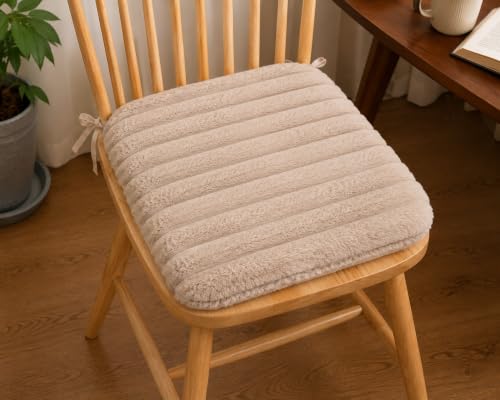 Image of COZY FURNISH Light Taupe Solid Fluffy Chair Seat Cushions with Ties, 16x16 Inch Faux Fur Dining Chair Pads with Foam Filling, Pack of 2