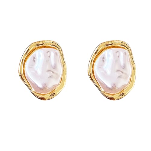 Baroque Pearl Stud Earrings for Women, Big Gold Statement Earrings with Irregular Pearls Vintage Wedding Jewelry