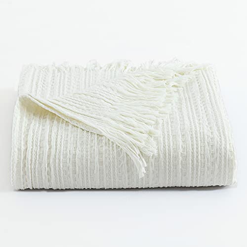 100% Cotton Throw Blanket, Waffle Woven Cream White Thin Decorative Blanket With Fringe, Rustic Pre-Washed Soft, Cozy, Light Weight Blanket For Couch, Travel, Farmhouse Boho Style Throw, 104'' X 90'' #TOP6
