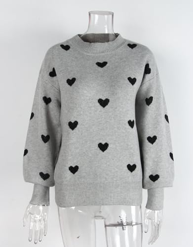 Image of Women's Long Sleeve Mock Neck Sweaters Loose Cute Heart Pullover Sweater