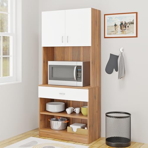 Image of VIKI Furniture | Kitchen Cabinet - Drawer with Doors & Open Shelves, Organizer for Kitchen, Bedroom, Hallway & Living Room (Brussel Walnut & Frosty White - 40D x 80W x 180H cm) | 1 Year Warranty