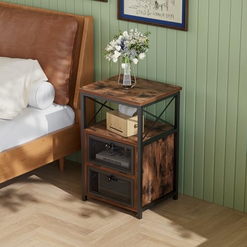 Image of VECELO Nightstand Set of 2, End Table with Flip Drawer, Modern Night Stand for Bedroom,Living Room, Office, Easy Assembly, Brown