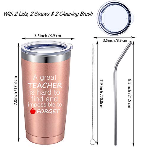 Boao 2 Pack Thank You Teacher Appreciation Gifts For Women Teacher, A Great Teacher Is Hard To Find And Impossible To Forget Coffee Cup Travel Mug, 20 Oz Vacuum Insulation Tumbler(Rose Gold) #TOP6