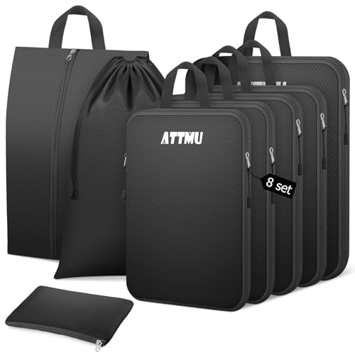 8 Set Compression Packing Cubes for Travel, Expandable Compression Cubes for Suitcases, Lightweight Suitcase Organizer with Shoes & Laundry Bags, Travel Accessories for Men Women